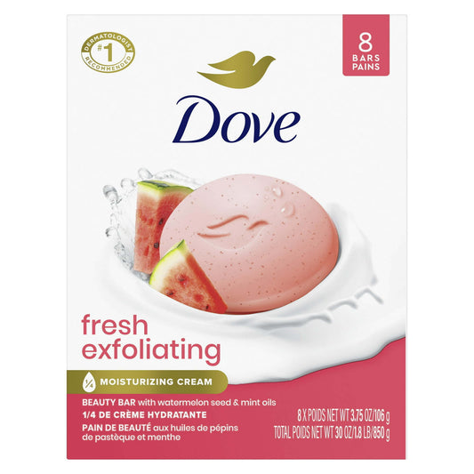 Dove Fresh Exfoliating Women's Beauty Bar Soap Watermelon Seed & Mint Oils All Skin, 3.75 oz 8 Bars