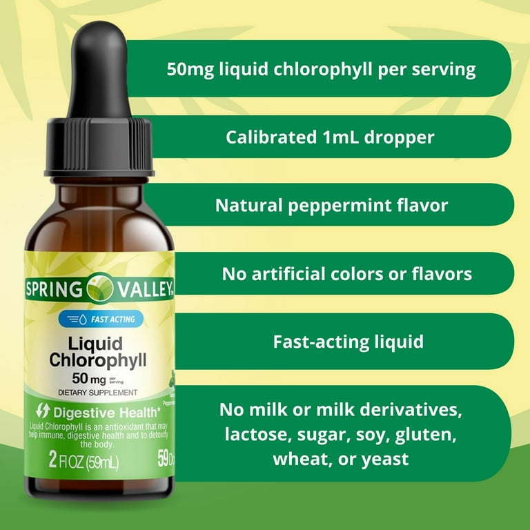 Spring Valley Fast Acting Chlorophyll Digestive Health Dietary Supplement Liquid, Peppermint, 50 mg, 2 fl oz