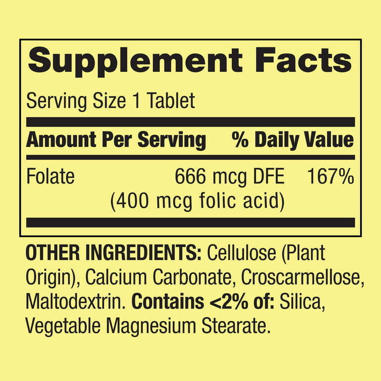 Spring Valley Folate Dietary Supplement Tablets, 400 mcg, 250 Count