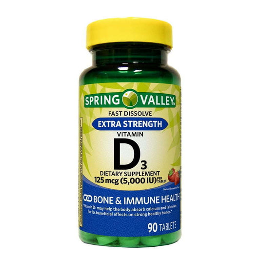 Spring Valley Extra Strength Vitamin D3 Fast Dissolve Tablets Dietary Supplement, 125 Mcg (5,000 IU), Strawberry Flavor, 90 Count