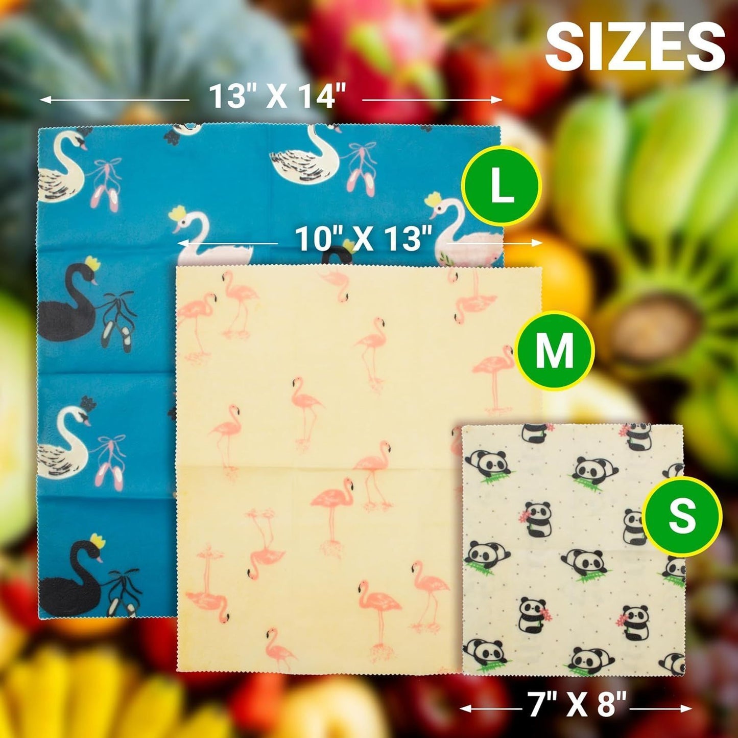 Beeswax Food Wraps. Pack of 3 Assorted Organic Bee Wax Wrapping Papers with Animals. Reusable Set of Small; Medium; Big Natural Cloth Wrappers