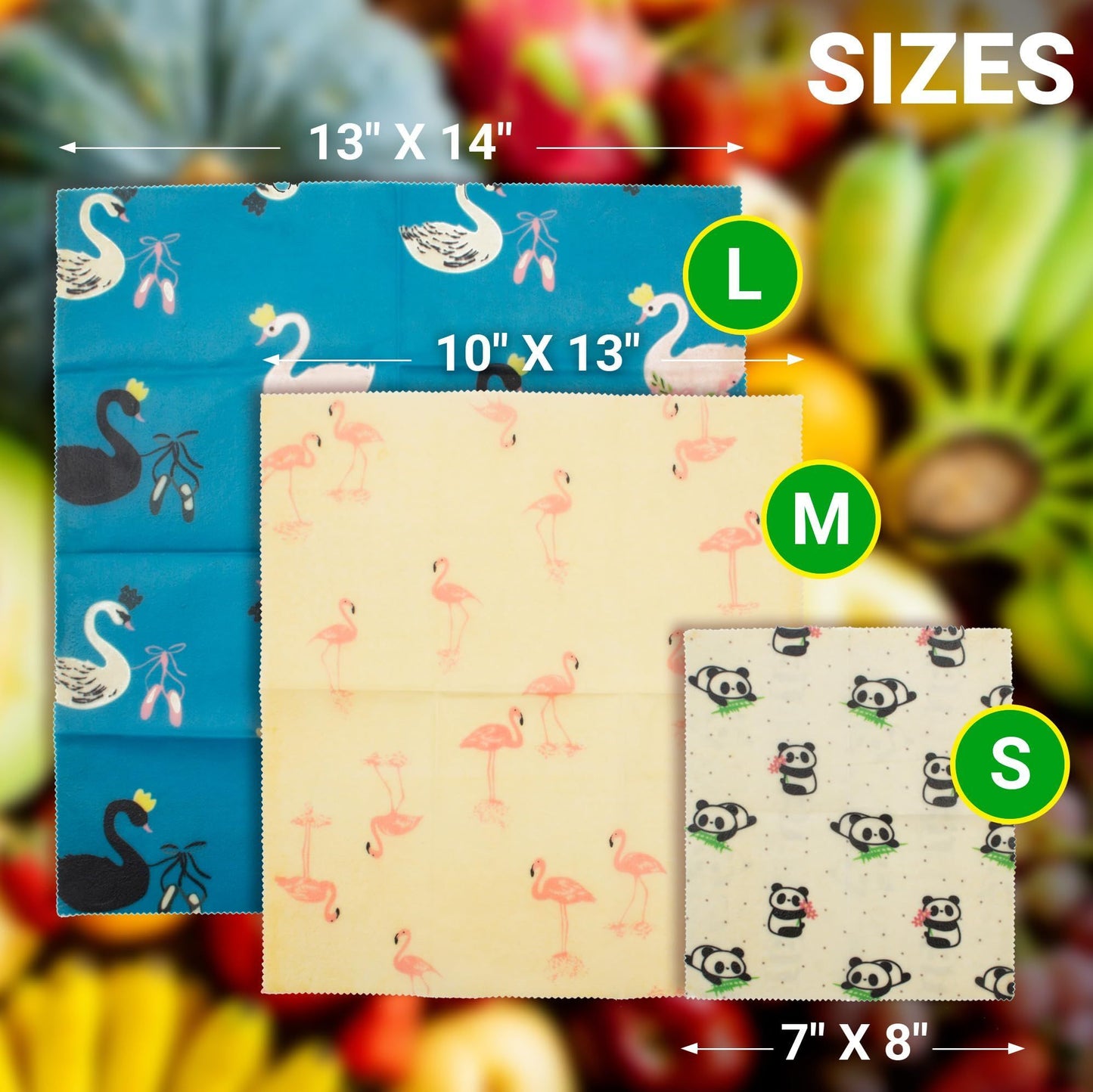 Beeswax Food Wraps. Pack of 3 Assorted Organic Bee Wax Wrapping Papers with Animals. Reusable Set of Small; Medium; Big Natural Cloth Wrappers