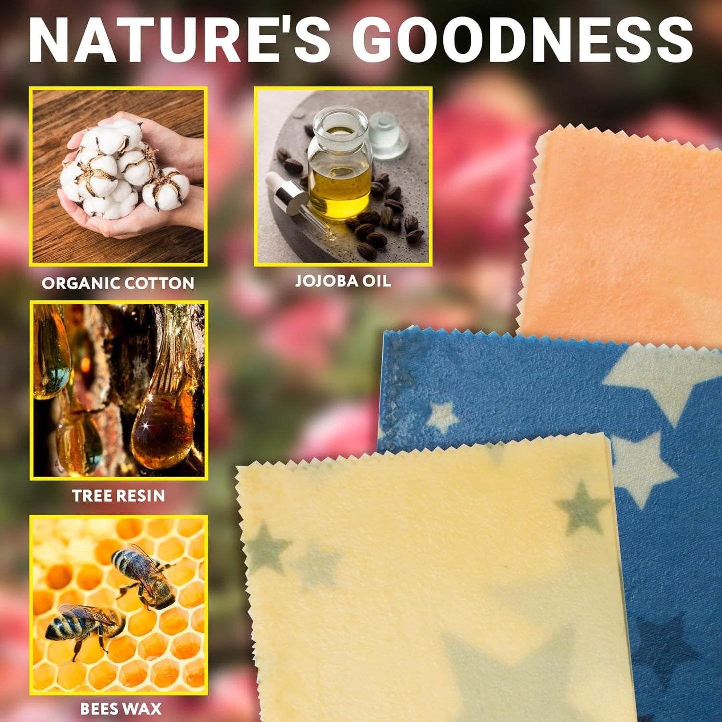 Beeswax Food Wraps. Pack of 3 Assorted Organic Bee Wax Wrapping Papers with Stars. Reusable Set of Small; Medium; Big Natural Cloth Wrappers.