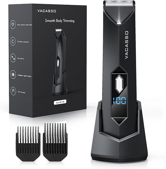 VACASSO Electric Body Hair Trimmer for Men Groin Hair Trimmer Ball Shaver w/Light&LED Display, USB Recharge Dock, Adjustable Ceramic Blade Head, Waterproof Male Pubic Hair Trim Hygiene Razor