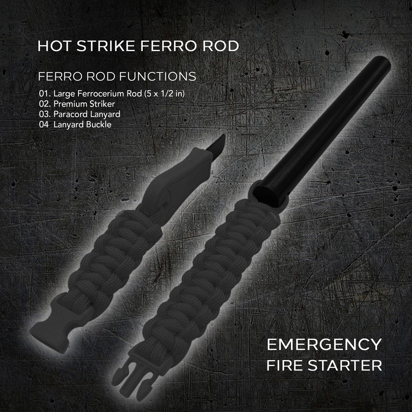 Hot Strike Ferro Rod Fire Starter | Emergency Ferrocerium Tool with Premium Striker and Lanyard with Buckle | Large Flint & Steel Survival Kit (5 x 1/2 in) | Camping;  Survival;  Emergency